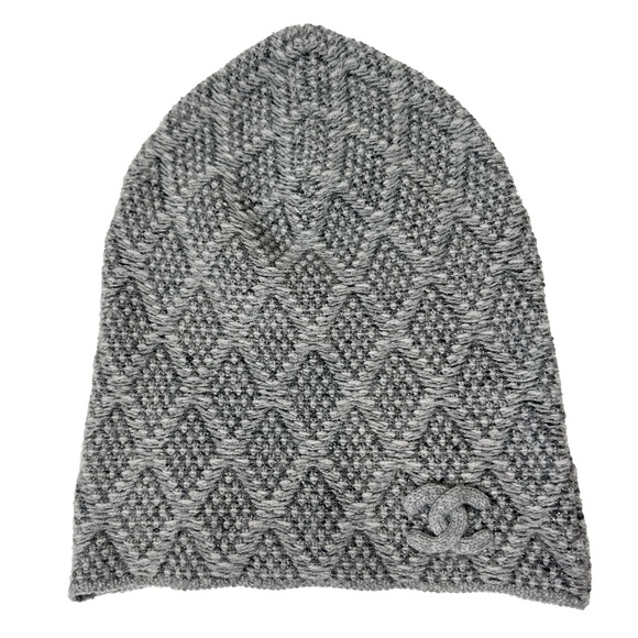 Chanel Gray Knit Cashmere CC Diamond Winter Beanie Hat - Picture 1 of 12